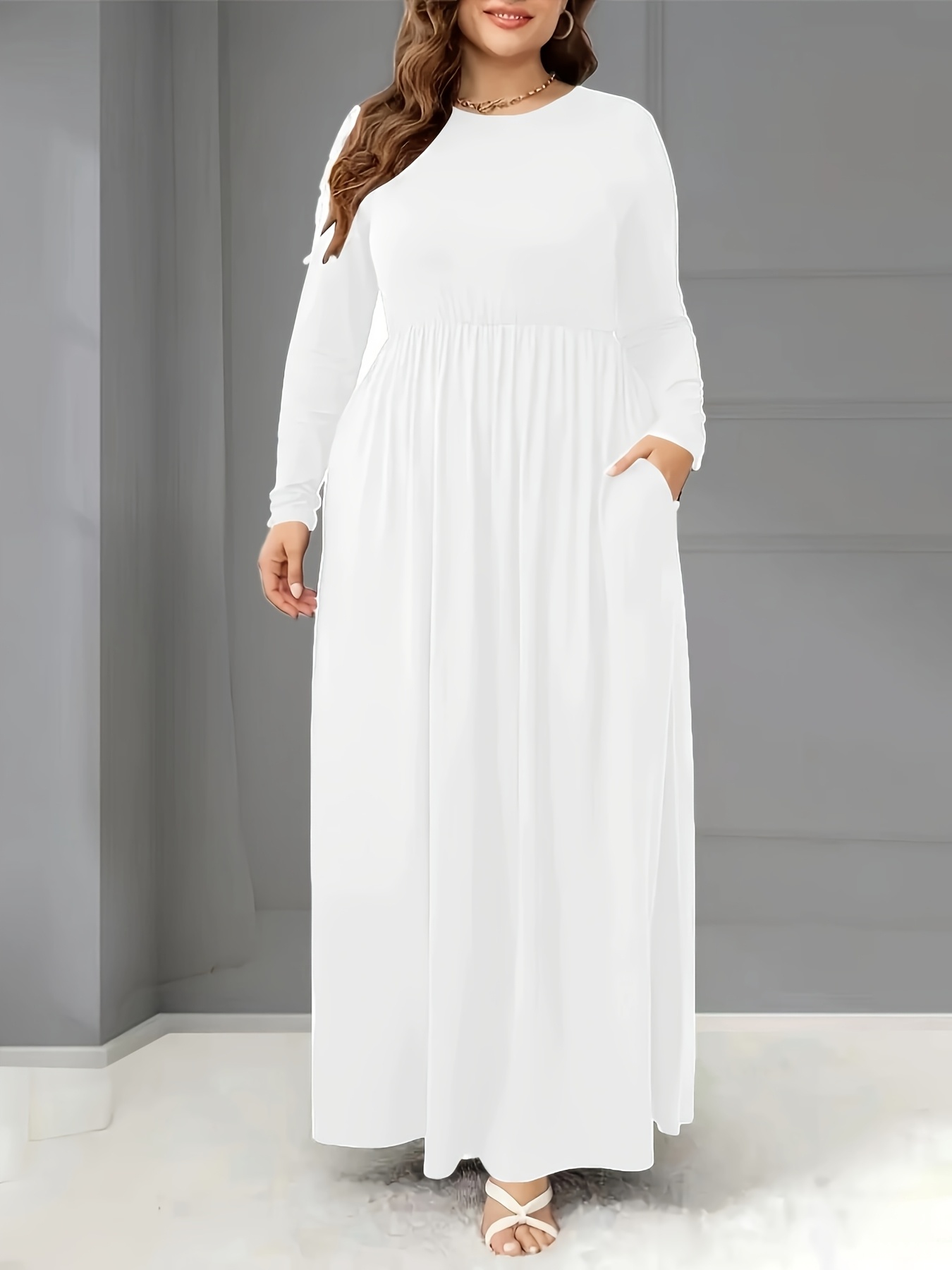 Plus Size Elegant Long Sleeve Crew Neck Dress, Polyester Knit Fabric with  Medium Stretch, Long Length, with Pockets for Fall/Winter