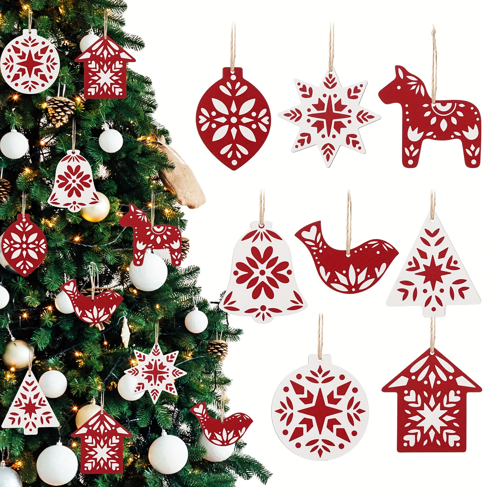 Image of 16pcs Wooden Scandinavian Folk Style Christmas Ornaments, Scandinavian Folk Decor Bundle Swedish Christmas Decorations, Suitable For Christmas Holiday Hanging