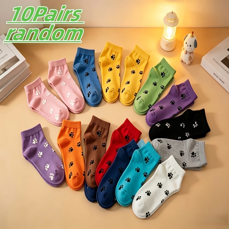 TEMU 5/10-pair Random Assortment, Women's Cartoon Paw Print Pattern Socks - Cute Animal Paw Print Mid-calf Socks, Breathable And Sweat-absorbent For
