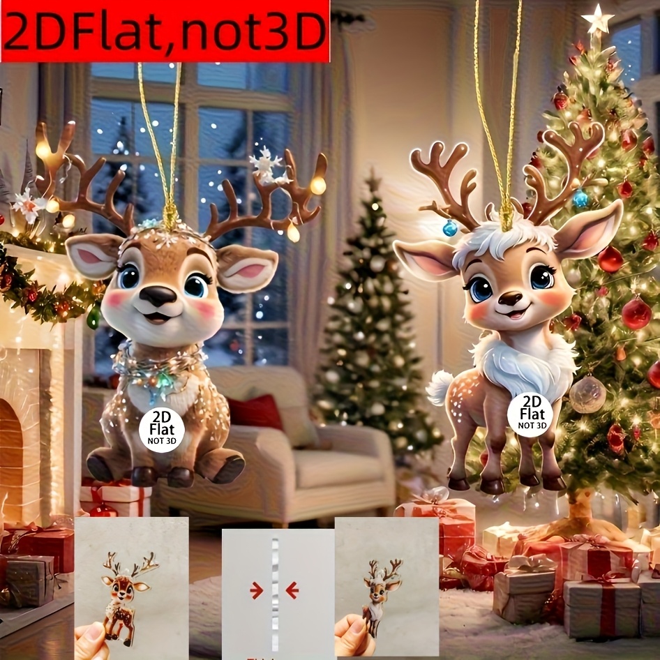Image of 2d Flat, Not 3d, A Set Of 6 Cute Acrylic Reindeer Ornaments For Christmas Tree Decoration, Festive Decorations, Keychains, And Backpack Charms
