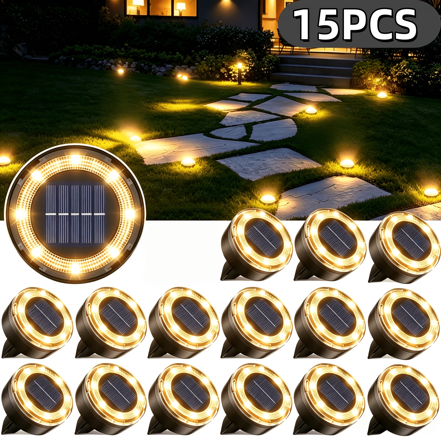 TEMU Lumière de sol solaire d'extérieur 15/9/6/3 pièces*8 LED, lumière solaire d'extérieur, lumière disque d'extérieur, éclairage extérieur plus ,