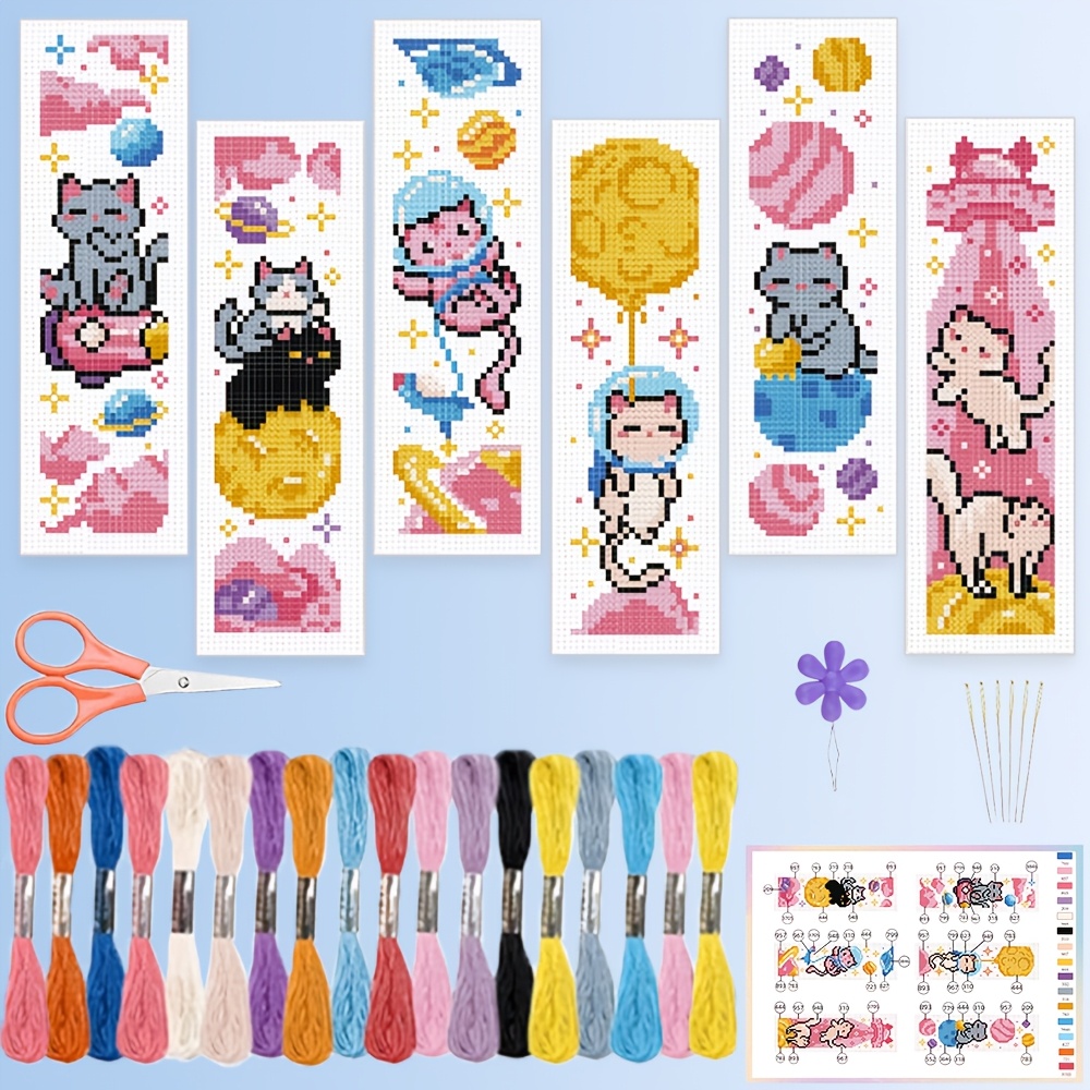 TEMU 6pcs Themed Cross- Printed Bookmark Diy Kit - Cute Cat Pet Astronaut - Includes 6 Printed Cross- Bookmark Fabrics, Embroidery Thread, Embroidery