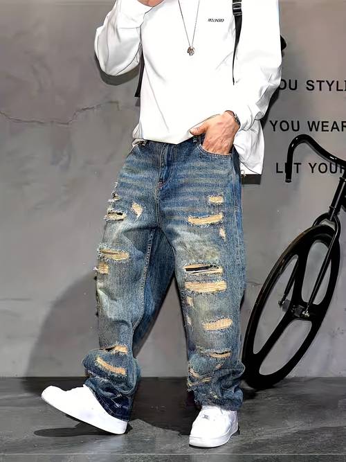 jeans extragrandes de con parches y rasgados estilo y2k high para hombre, pantalones de diseñador de pierna de y estilo desgarbado de moda