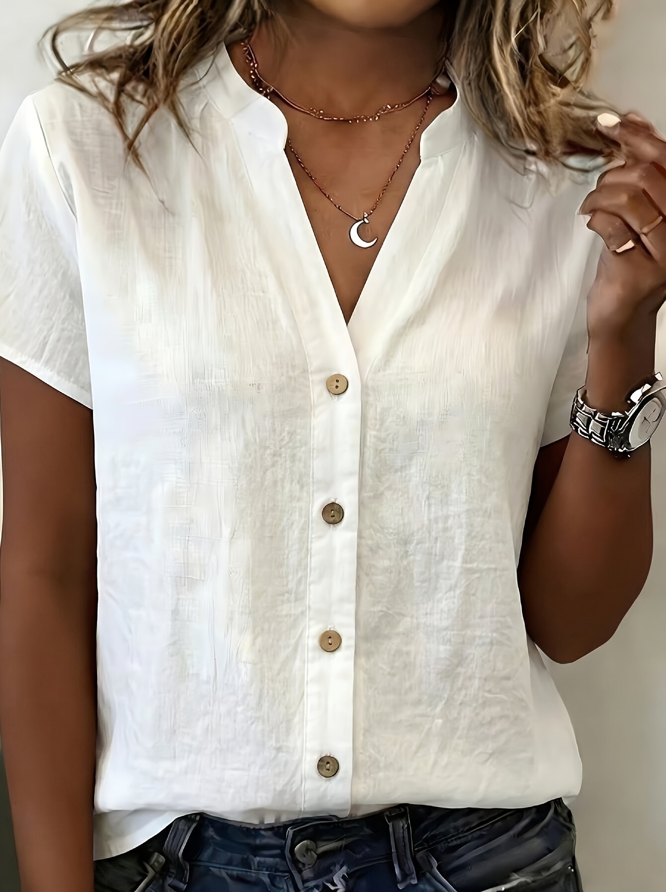 damen schlichtes elegantes kurzarmshirt mit v-ausschnitt, strukturiertes halbgeöffnetes oberteil vorne, lässiges kurzarmshirt mit einreihigem stehkragen für urlaub, elegante pendlerkleidung, figurschmeichelnder, locker geschnittener bequemer pullover, einfarbiges kurzarmshirt im vielseitigen
