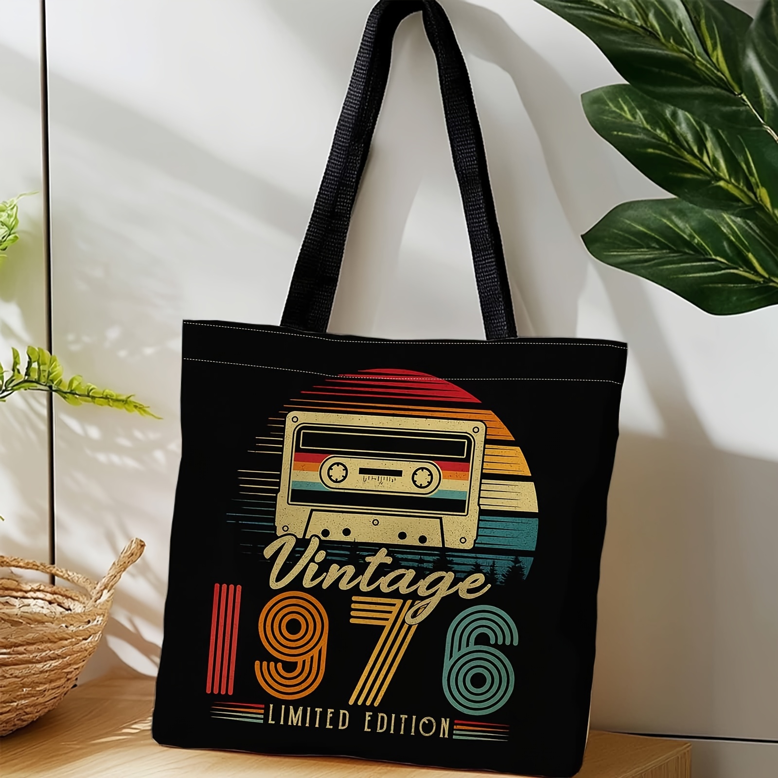 E-shop 1 Stück Shopper Bag, tragbare Schulter-Rücken-Handtasche, Vintage, Kassettenband, 1976, geeignet für Reisen, Kosmetik,