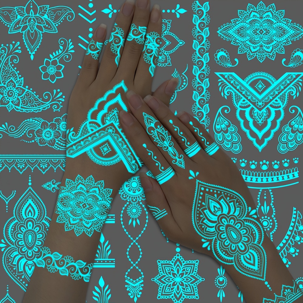Image of Set Of 6 Blue Glowing Tattoo Stickers Featuring Designs, Suitable For , Hands, Backs, And Fingers. Temporary Tattoos The Dark, Showcasing Cute Abstract Floral Lace Patterns, And Are Waterproof