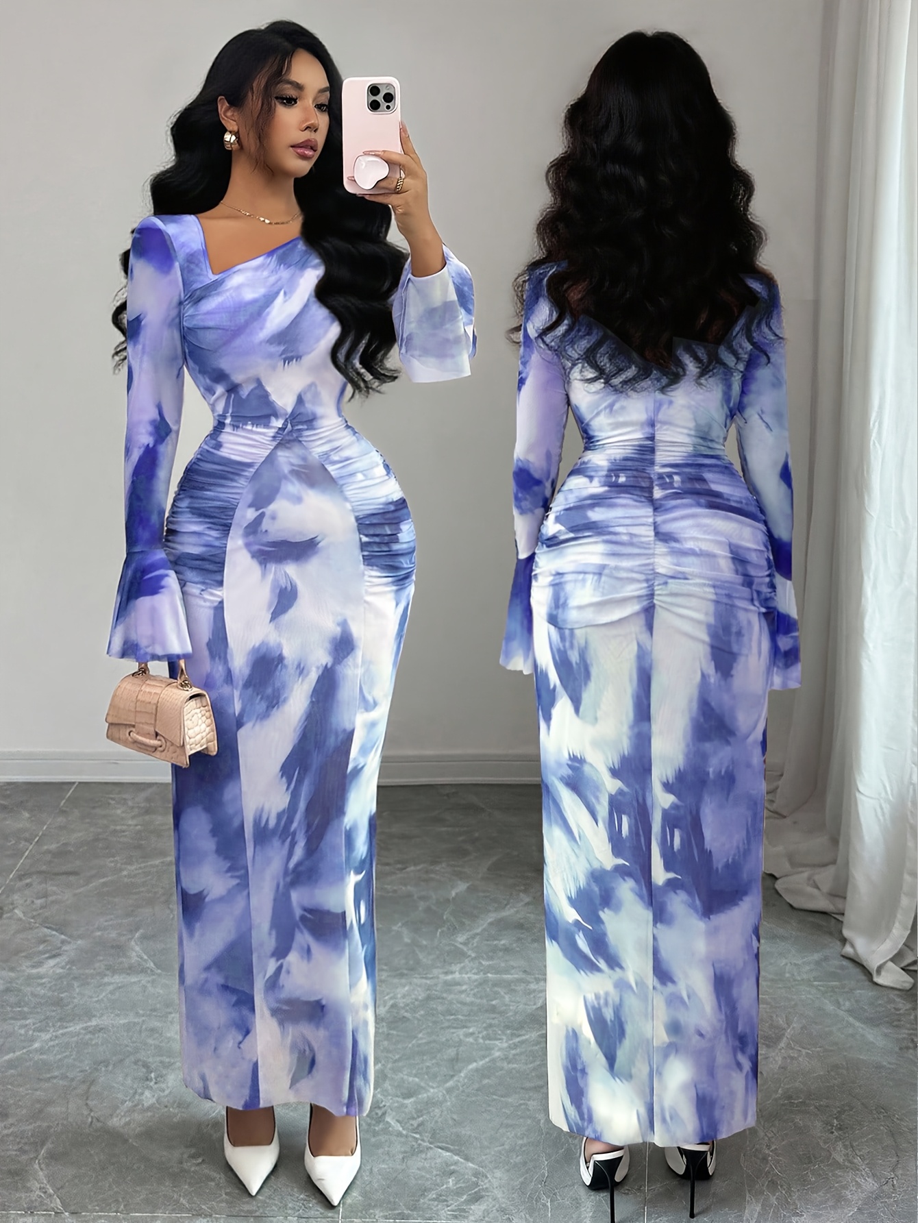 Elegant And Fashionable New Adult Women'S Autumn And Winter Floral Tie-Dye Print Notched Collar Long-Sleeved Flared Sleeve Slim Fit Waist Pleated Hip-Hugging Sexy Dating Commuting Vacation Dating Valentine'S Day Long Dress