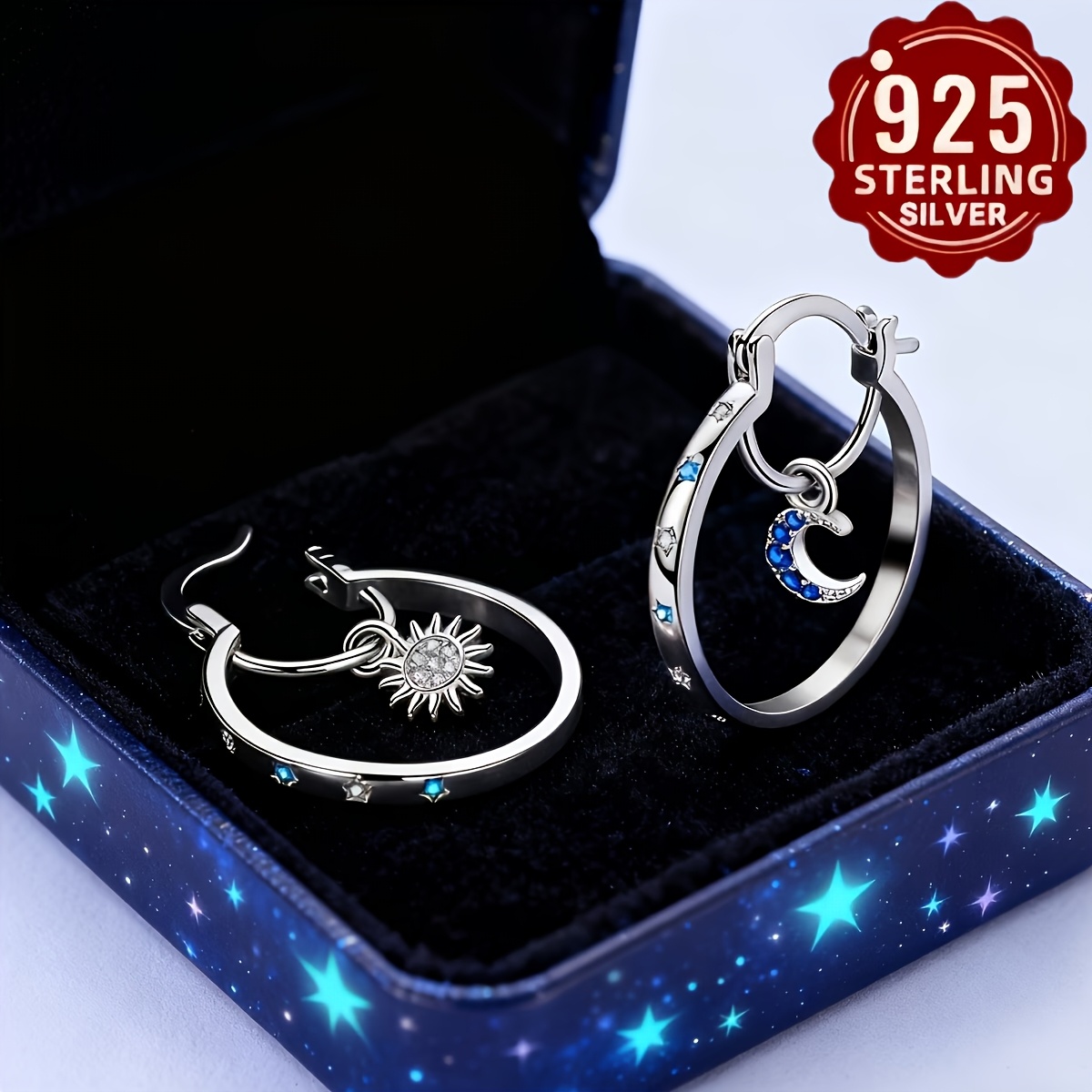 A Set Of Unique Asymmetric Hoop Earrings Made Of 925 Silver Featuring And Moon Design, Perfect As A Gift For Her. Minimalist Yet Durable Fashion Additions Are Ideal For Jewelry Enthusiasts And