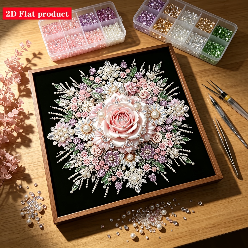 TEMU 2d Flat Jewelry-style Lily Flower Cluster Diamond Painting, Pearl And Colorful Rhinestone Lily Flower With Sparkling Pearls, Diamond Painting