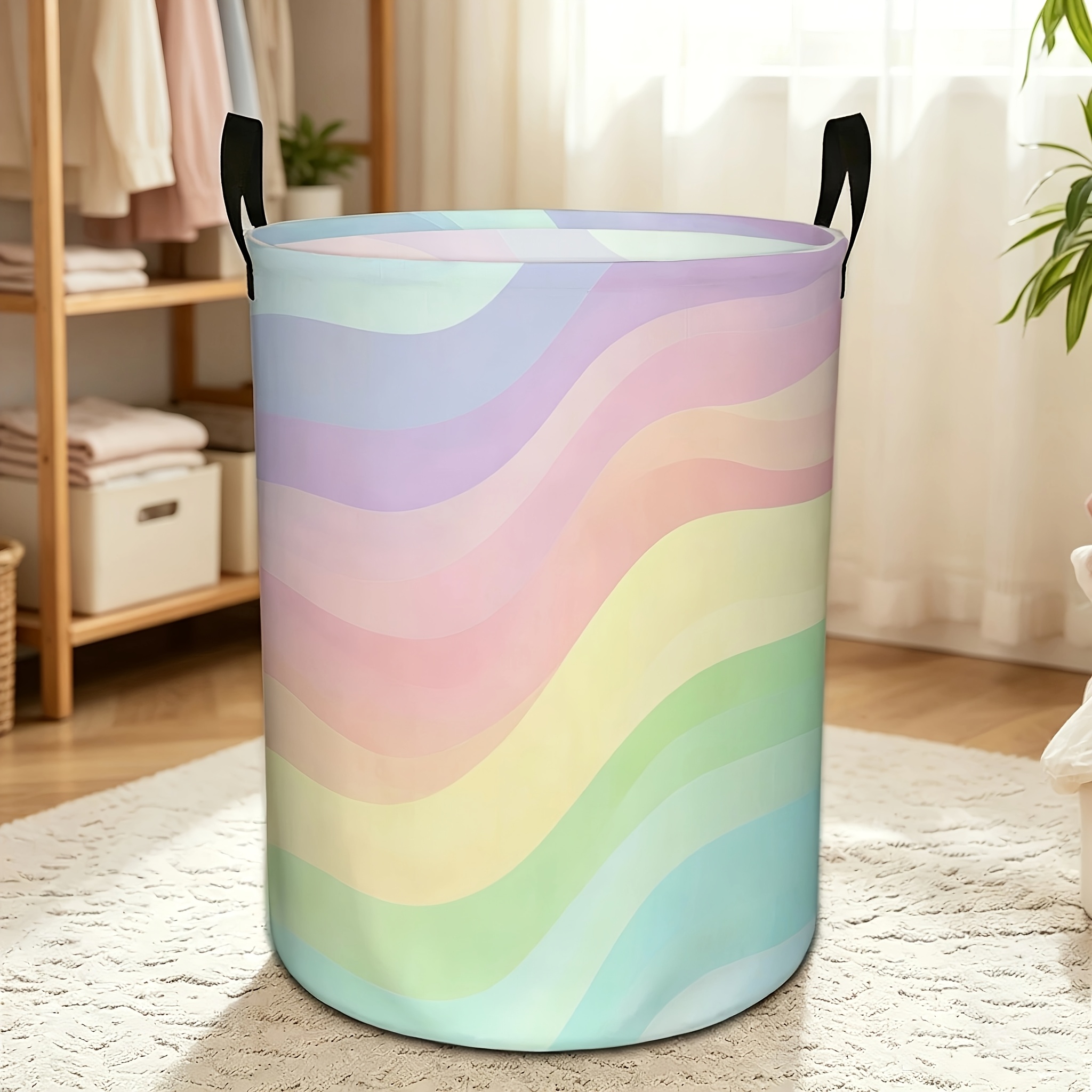TEMU 1pc Round Laundry Basket, Gradient Pattern, Storage Basket For Clothes/books, With Handle, Large Capacity, Portable And Foldable, Home