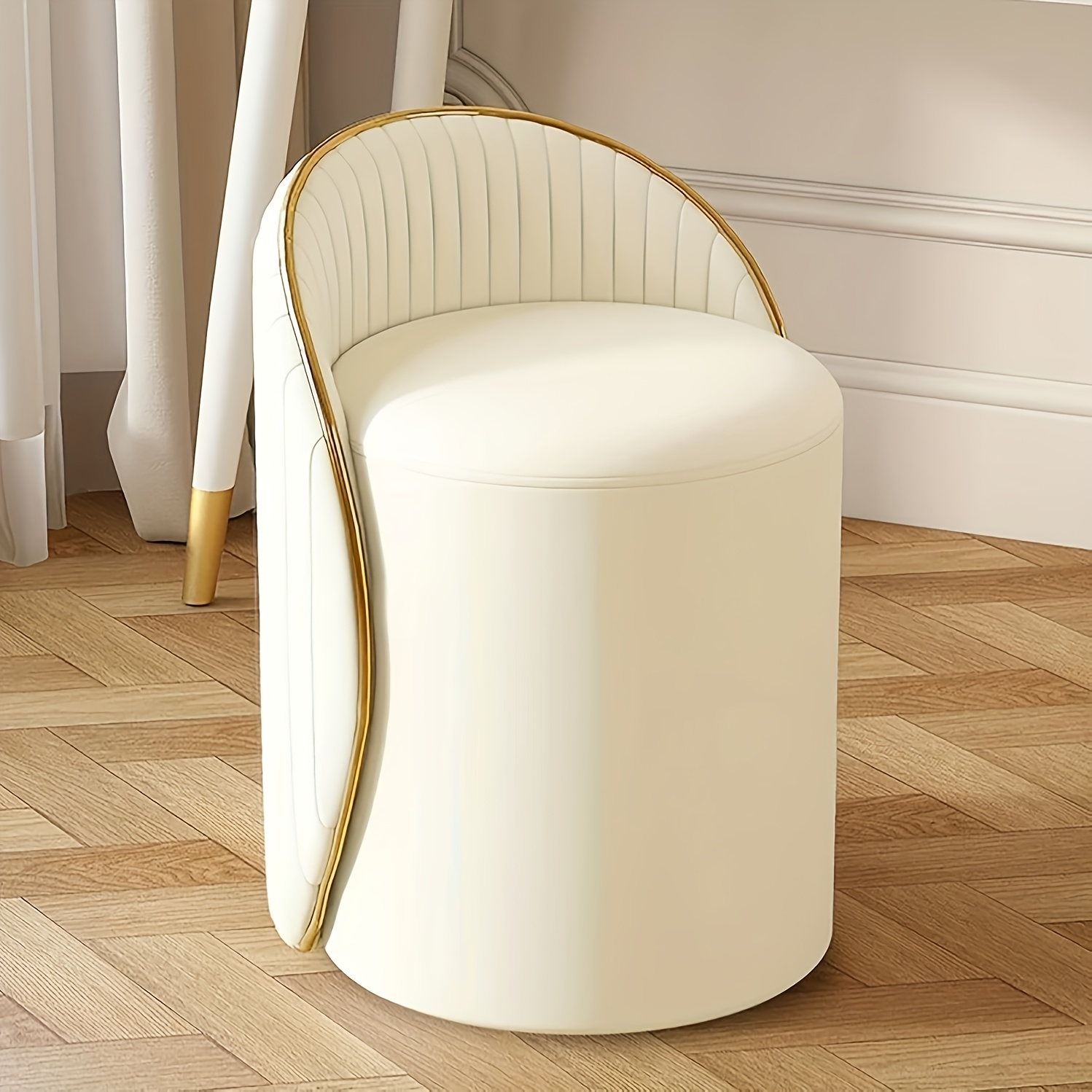 Round Makeup Stool With Leather Cover & Wood Frame - Modern Upholstered Footrest, Cushioned Suitable For Living Room, Bedroom, Dressing Table - Assembly Compact Stool For