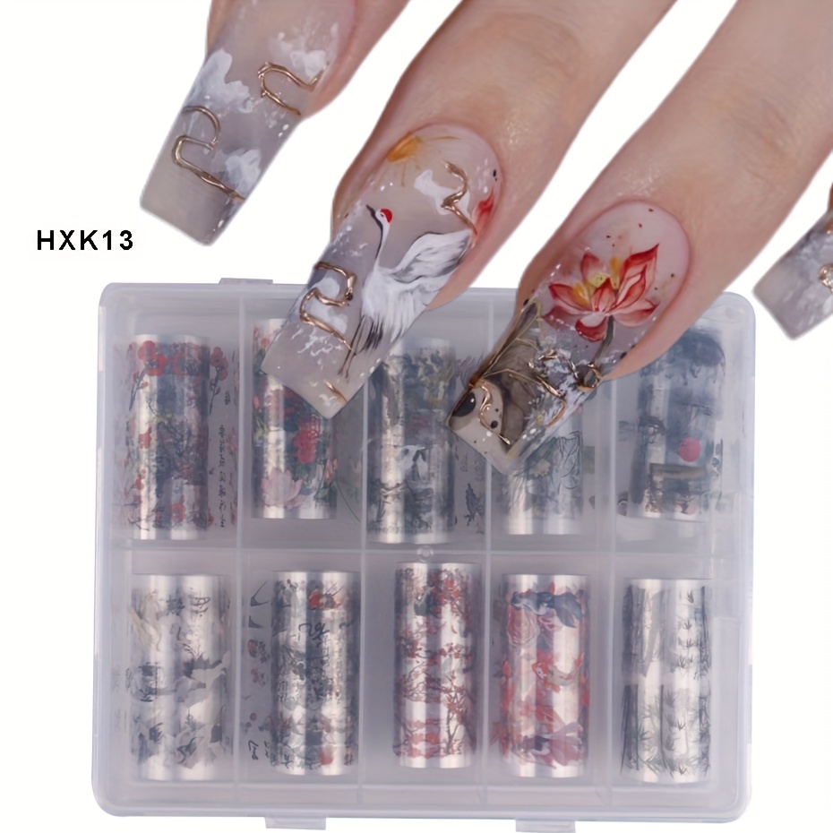 10pcs Nail Foils Chinese Character Crane Bamboo Flower Chinese Style Mountain Sea Plum Sticker Nail Decoration Slider Transfer Adhesive Gel Polish Nail Decoration