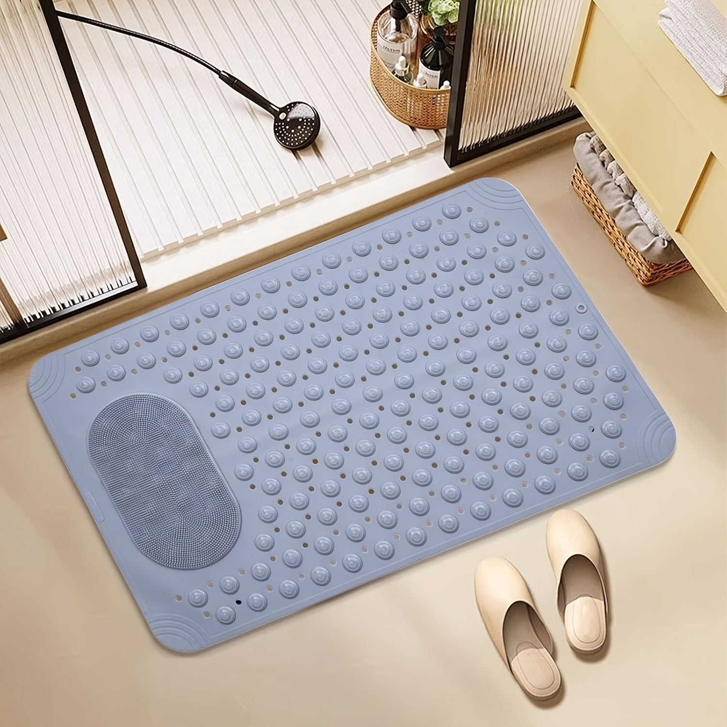 Non-slip Shower Mat, Non-slip Bath Mat, Foot Scrubber With Suction Cups, Drainage Holes, Quick-drying Bath Mat, Soft, Durable, For Home, Dorm, Apartment