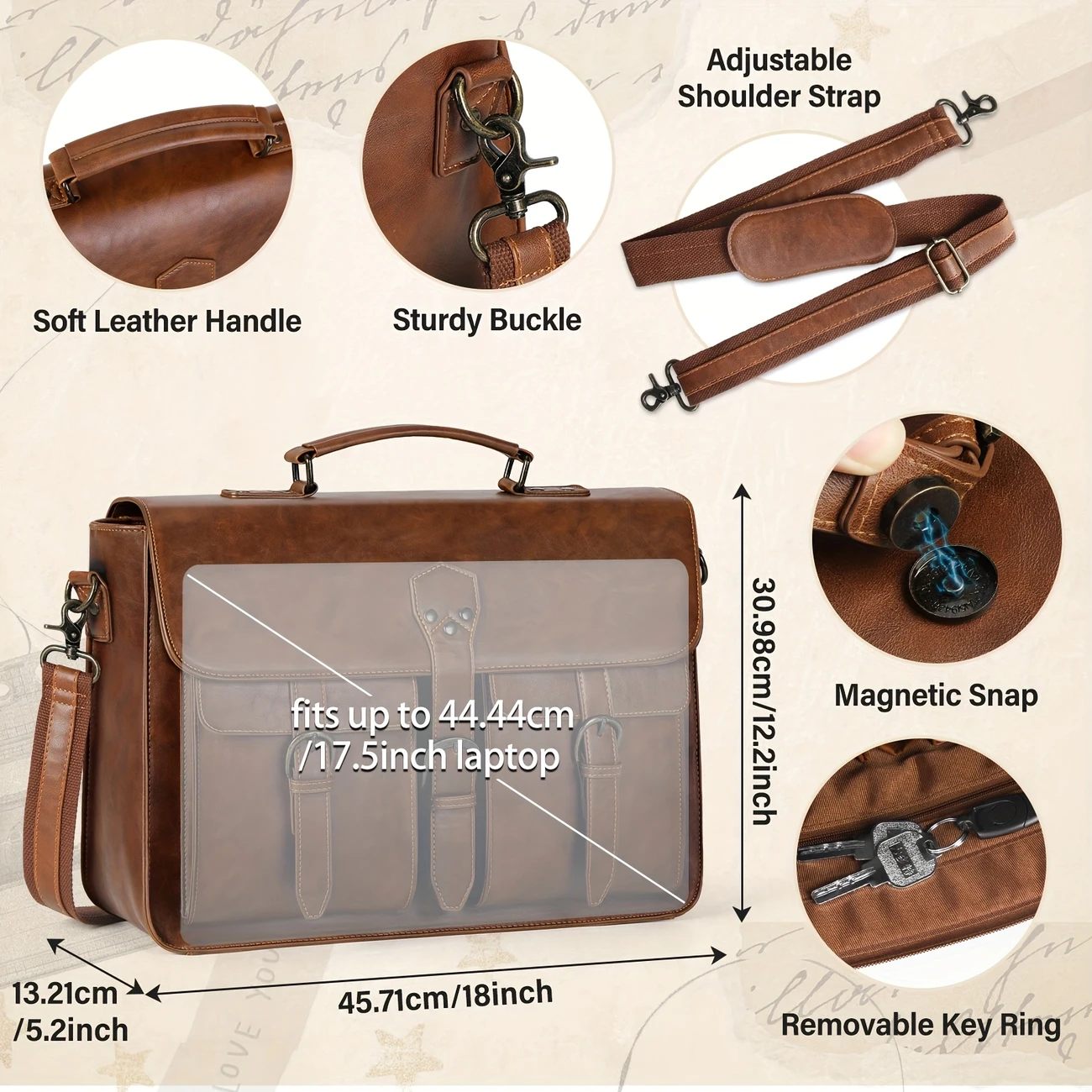 messenger bag for men 18 inch vintage synthetic synthetic leather laptop briefcase large laptop bag satchel bag computer shoulder bag for office work travel college brown details 0