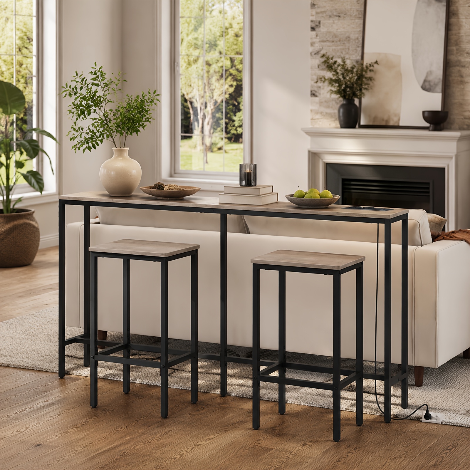 Console Table, Console Table With Charging Station, 160 Sofa Table, Industrial Entryway Table With Usb Port, Sofa Side Table For Entryway, Hallway, Foyer, Living Room, Gray, Black