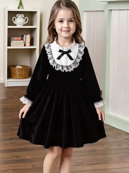Elegant Lace * Collar Ruffle Korean Velvet Dress, Neckline Bow Decoration, Lace Ruffle Cuffs, Suitable for Spring And Autumn, Suitable for Outdoor Party Festival * Elegant Lace * Collar Ruffle Korean Velvet Dress, Neckline Bow Decoration, Lace Ruffle Cuffs, Suitable for Spring And Autumn, Suitable for Outdoor Party Festival *