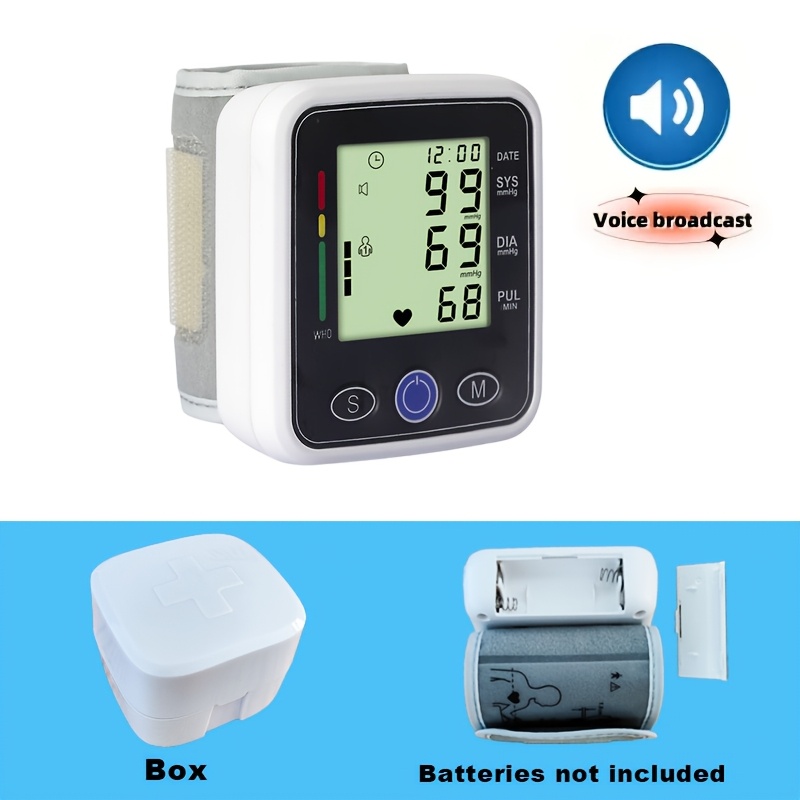 wrist   lcd audio broadcast high blood pressure and irregular heart rhythm detector   adjustable cuff battery powered battery not included protects   of the elderly and is a good gift for family   Product details 7