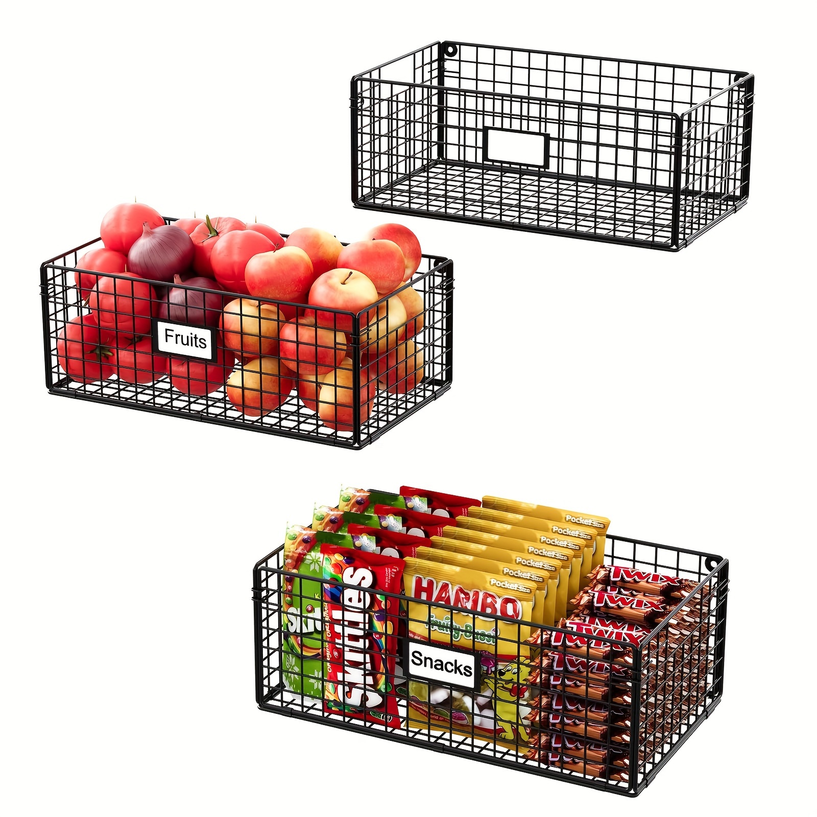 

3pc Foldable Cabinet Wall Mount Metal Wire Basket Organizer With Handles - 3 Pack -16" X 9 1/2" X 6", Food Storage Mesh Bin For Kitchen Bathroom Laundry Closet Garage Patent Design