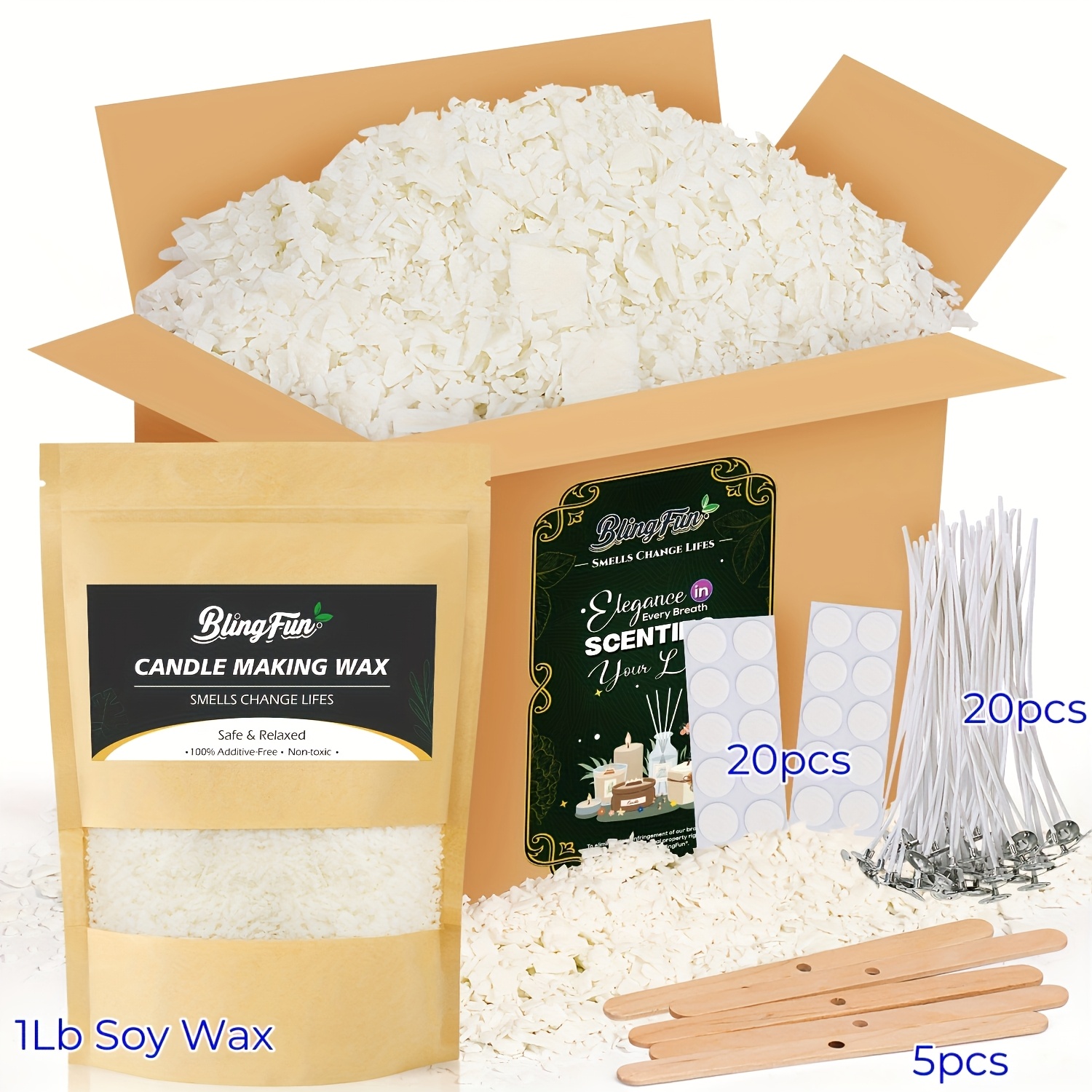 TEMU Blingfun Sojazwavelaag Kit (0.25Lb/1Lb/2Lb/2Lb Plus), Complete Kaarsbenodigdheden met Sojawas, Lonten, Lont Houders, Lont Stickers en Smeltkom,