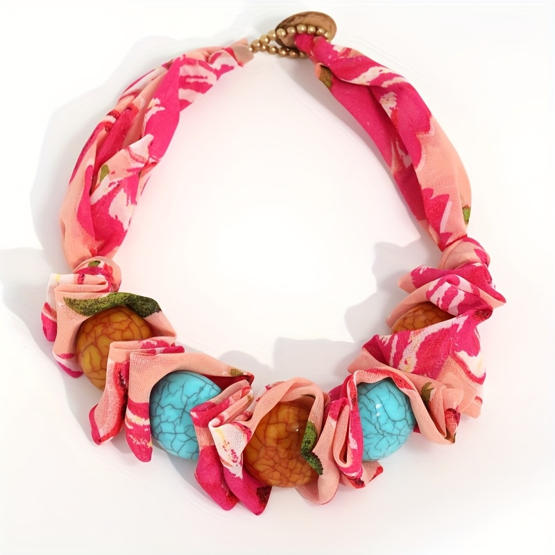 Bohemian Fabric Printed Faux Turquoise Necklace