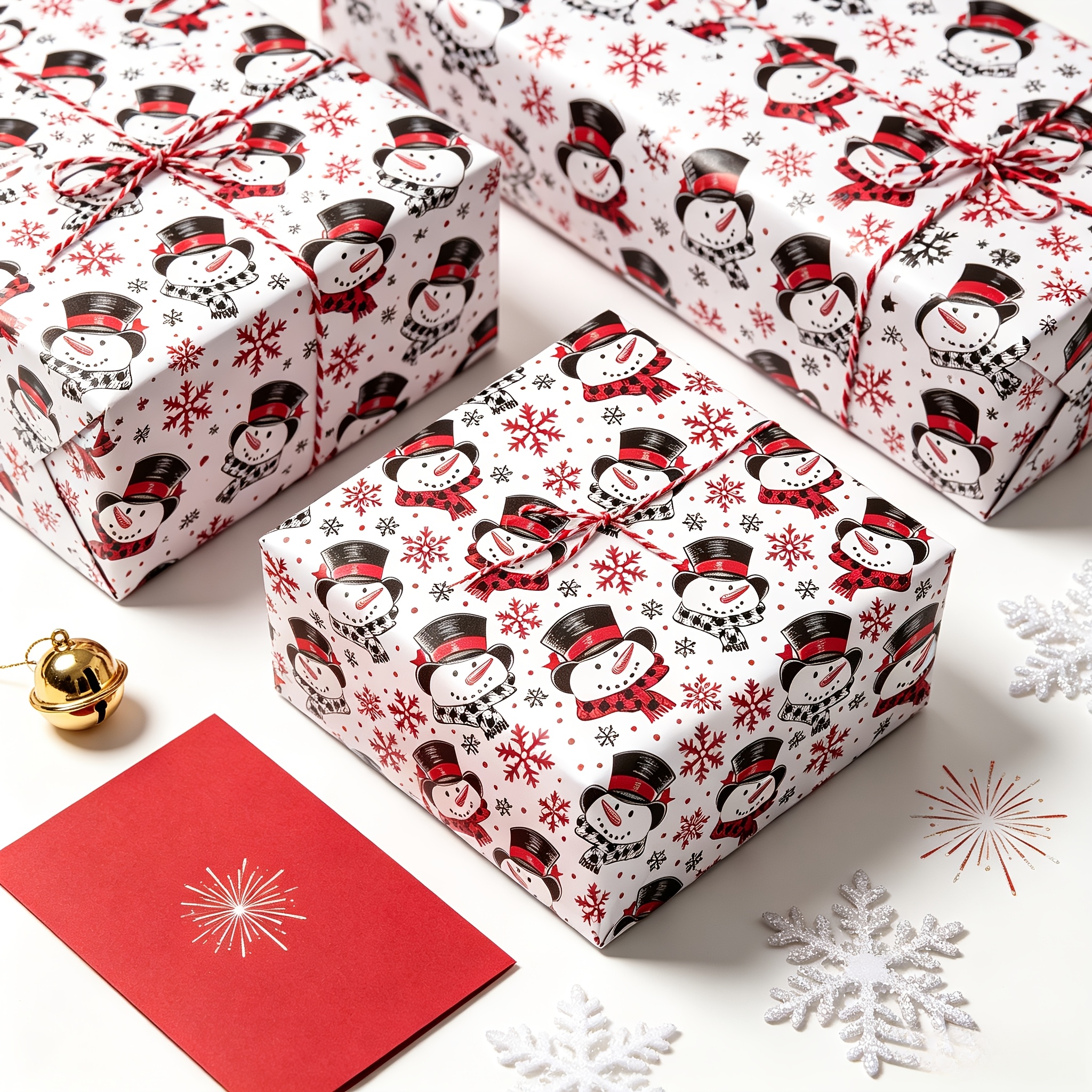 TEMU 1 Rouleau de Papier Cadeau de Neige sur Fond Blanc 17x118 Pouces, Haut-de- Noir Écharpe à Carreaux Motif de Neige Rouge, Papier d'Emballage