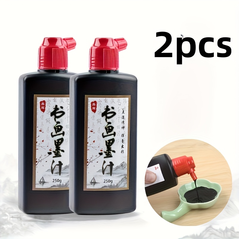 Image of Set Of 2 Bottles Of Premium Chinese Ink For Calligraphy And Painting - 250 Grams, Perfect For Artistic Writing And For Artwork, Featuring Black Ink With A Red Lid, For Traditional Chinese For Art