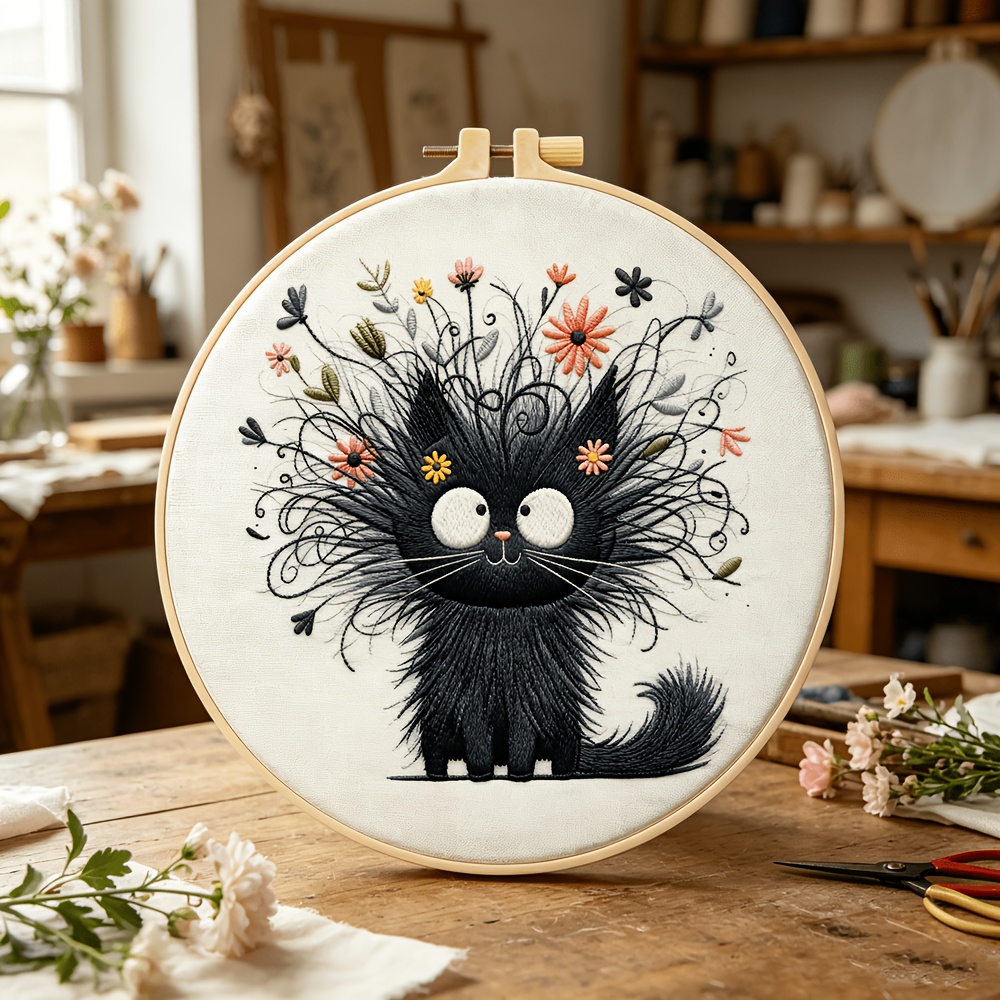 TEMU Adult Beginner Complete Diy Embroidery Kit Suitable For Home - Full Set With Hoop, Threads, Needles, Manual & Cloth - Black Cat & Flower