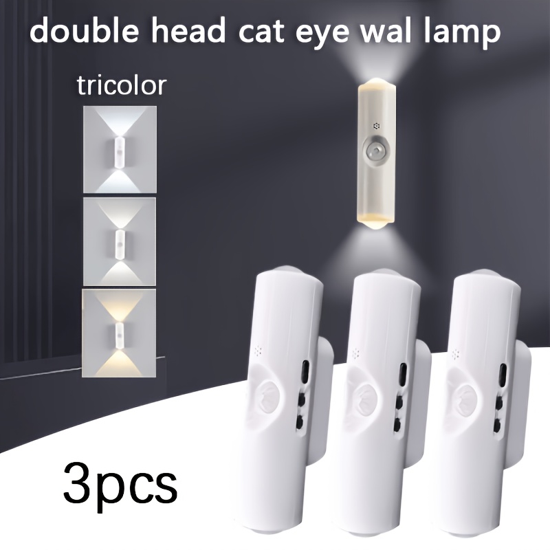 Image of Dual-head Cat Eye Motion Sensor Wall Light, 3-color Temperature Adjustable, Magnetic No-drill Installation, Usb Rechargeable, Infinite Dimmable, Easter (, 3pcs/6pcs)
