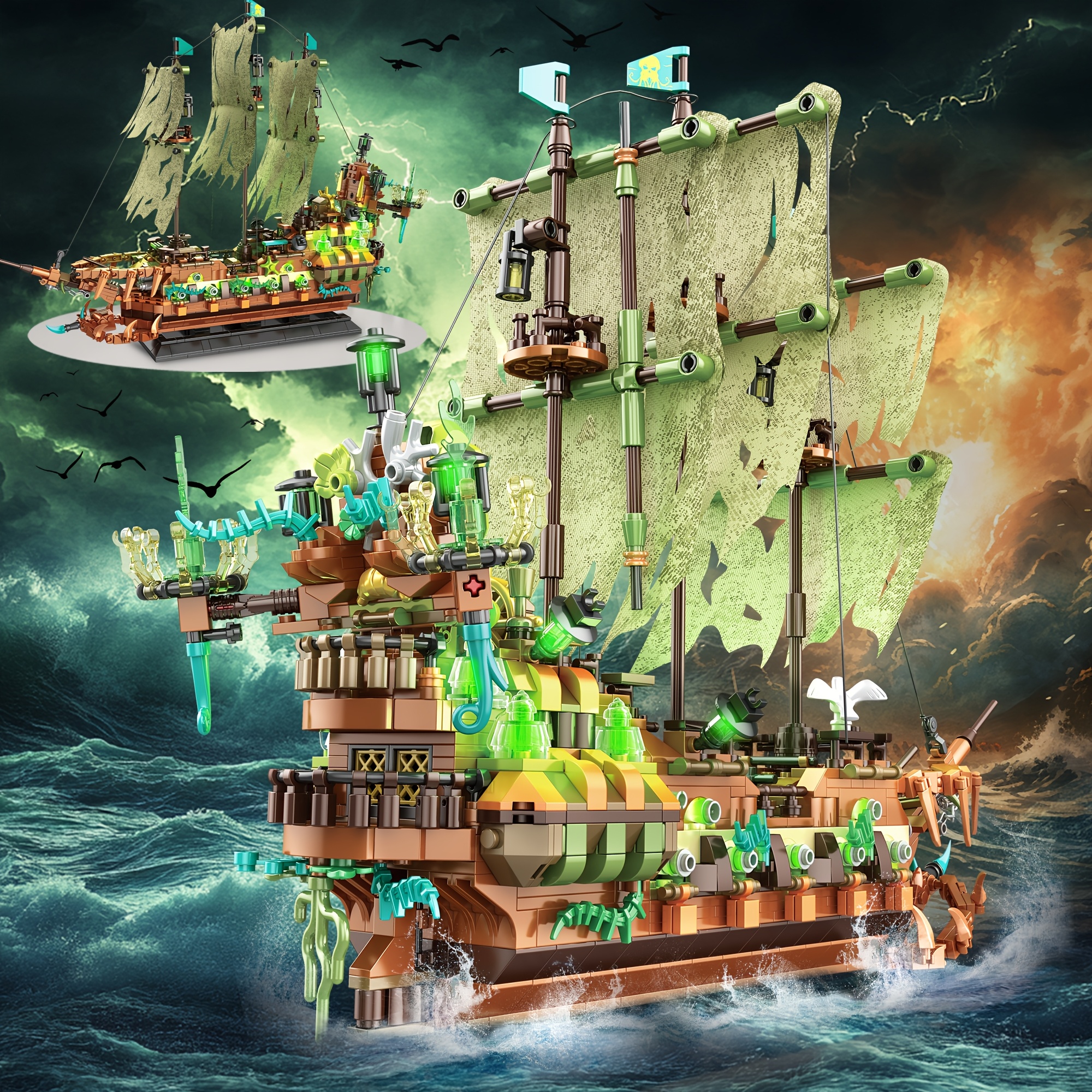 

Pirate Ship Building Blocks Set - Model Kit With Led Lights, Perfect Christmas Or Birthday Gift For Adults & 8+, Green Abs Material, Movie Theme, 1588pcs