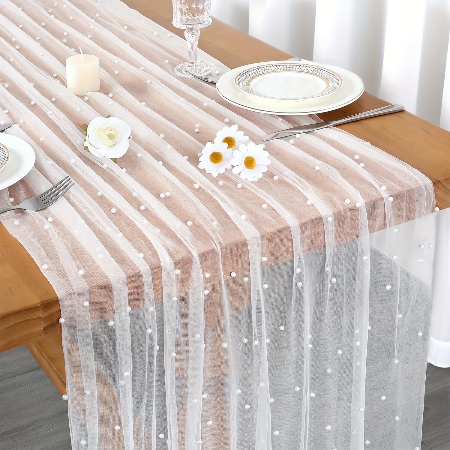 E-shop Perlen-Tischläufer aus rosa Tüllstoff, Boho-rustikale Spitzentischdecke, Tischläufer für Brautparty, Hochzeit, Geburtstag, , Schleier, Dessert,