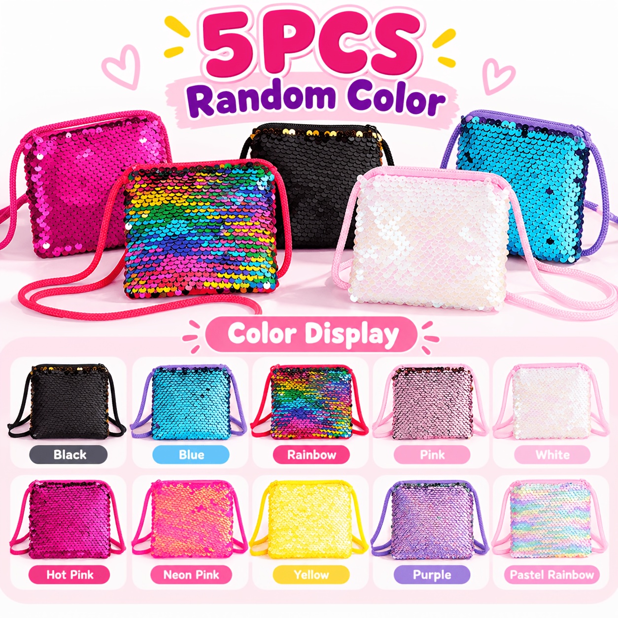 TEMU 5pcs Random Colors/women' Sequin Cute Shoulder Bag, Crossbody Backpack, Colorful Cartoon Zipper Coin Purse
