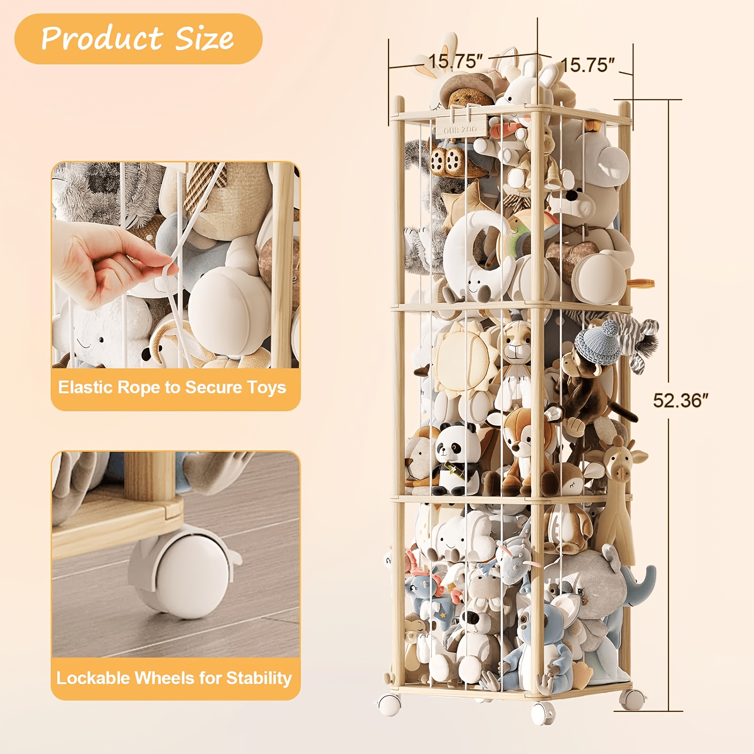 TEMU Bac de rangement pour peluches en bois de pin avec roulettes - Grande capacité, haut, convient pour organisateur de chambre d'enfant, étagère
