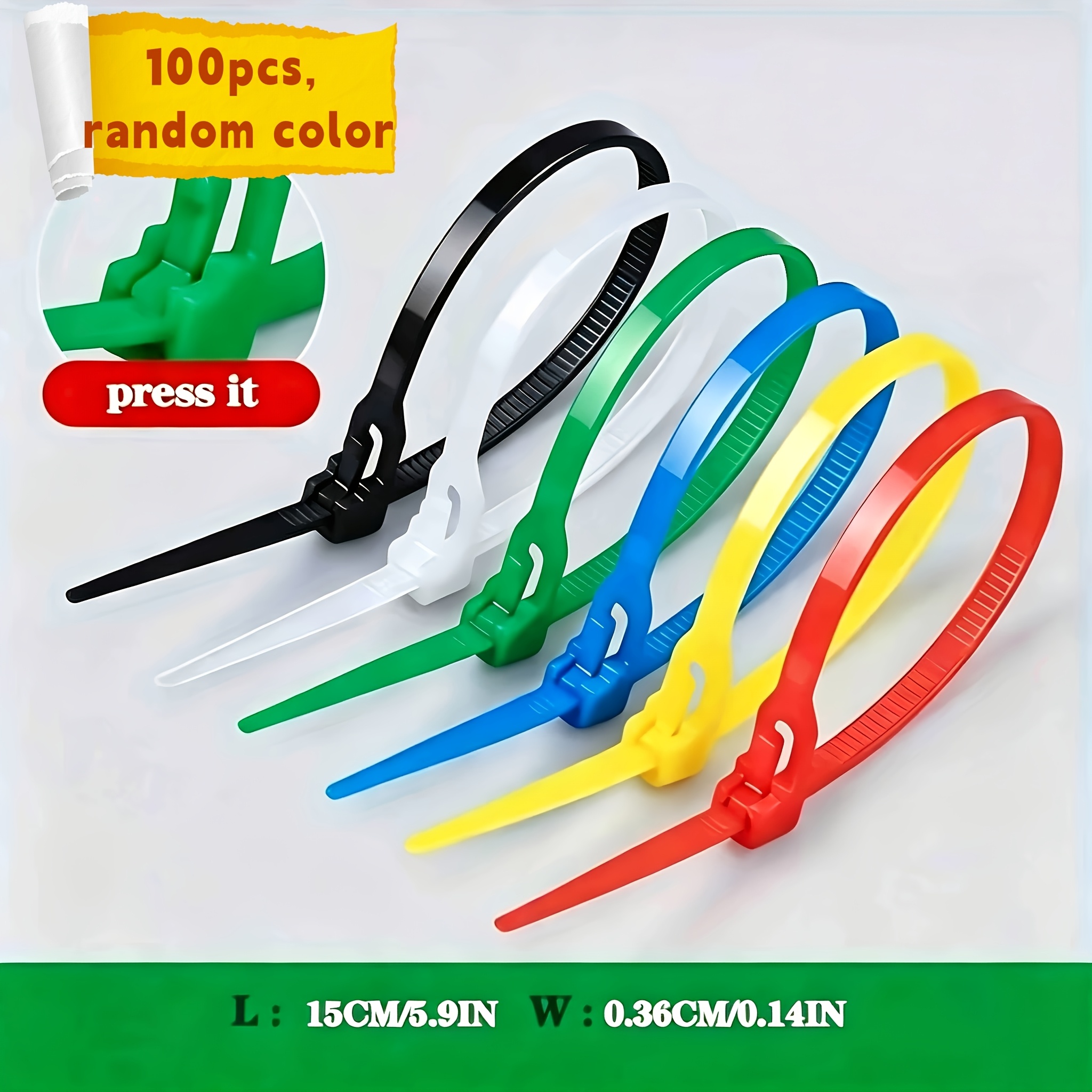 TEMU 100pcs Reusable Self-locking Nylon Cable Ties, Ribbed Durable Flexible Design, Random Colors, Fasteners For Indoor & Outdoor Use, Wire Organizer