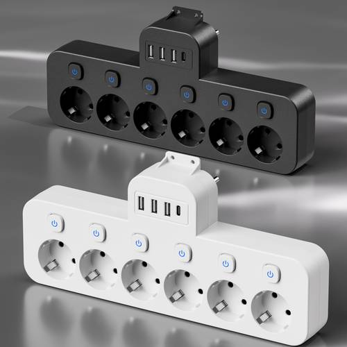 photo de l'article multiprise convertisseur fil 10-en-1, avec 6 prises standard eu, 3 ports usb-a, 1 interface usb-c, de commutateur indépendant, rallonge, boîtier de distribution électrique mural sûr, prise eu, convient à divers scénarios, ,