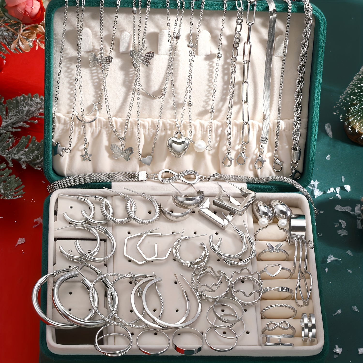 Juego de joyera de 58 piezas de perla simulada de corazn de mariposa para mujeres, aleacin de zinc, sin caja, verstil para uso diario y fiesta, regalo de Navidad para amigos y familiares, accesorio para todas las estaciones detalles 1