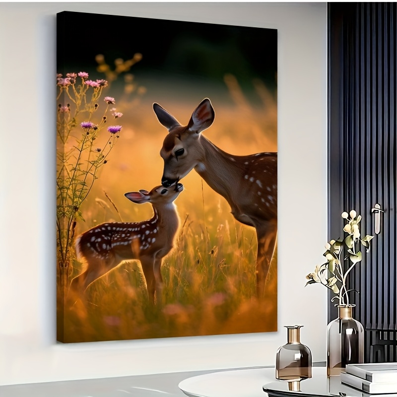 TEMU Beautiful 2d Flat Canvas Painting: Deer, Oil Artwork Poster For Wall Decor In Living Room â Solid Wood Frame, 16Ã24 Inch, 24Ã36 Inch, 2d Flat