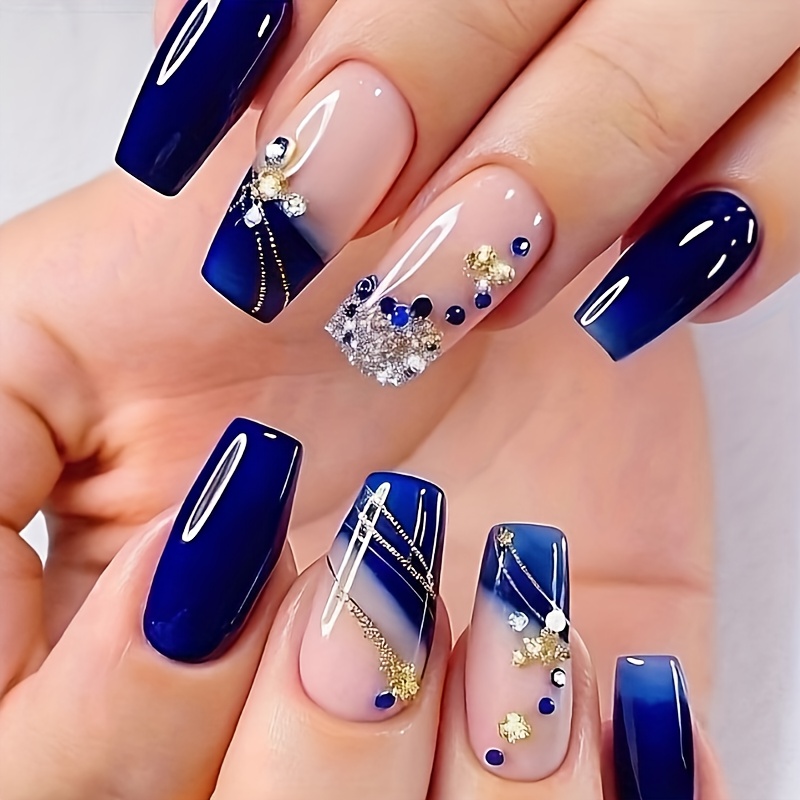 TEMU Mejora Tu Estilo, 24 Uñas Postizas Medianas de Ballet, Diseño de Azul, Uñas Postizas Desmontables con