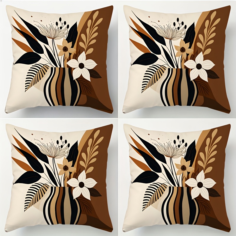 TEMU 4pcs Pillowcase Set, - Style Cushion Covers, Abstract Vase Floral Pattern Decorative Pillowcases, Artistic Retro Theme, Off-, Single-sided