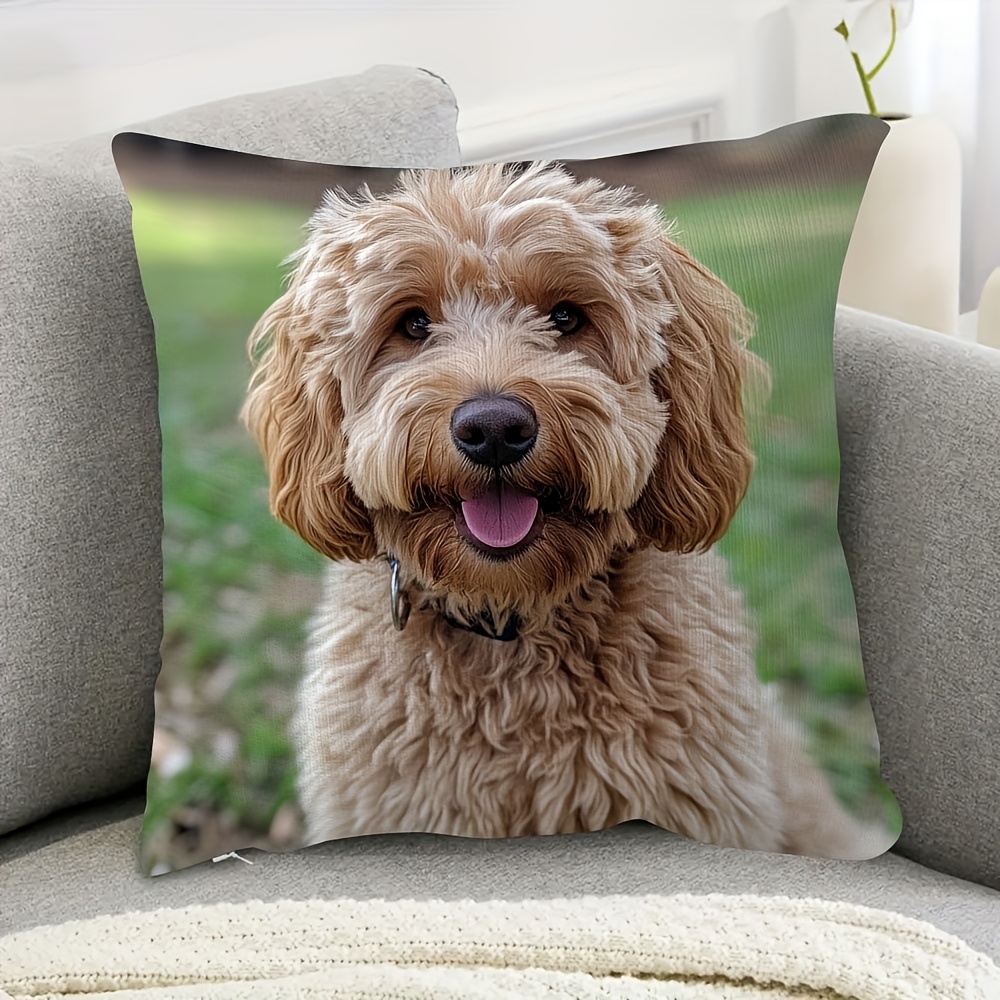 TEMU 1pc 2d Flat Printed Decorative Pillowcase - 18x18 Inches, Fluffy Brown /goldendoodle Portrait With Eyes, Zipper Closure, Machine Washable, Home