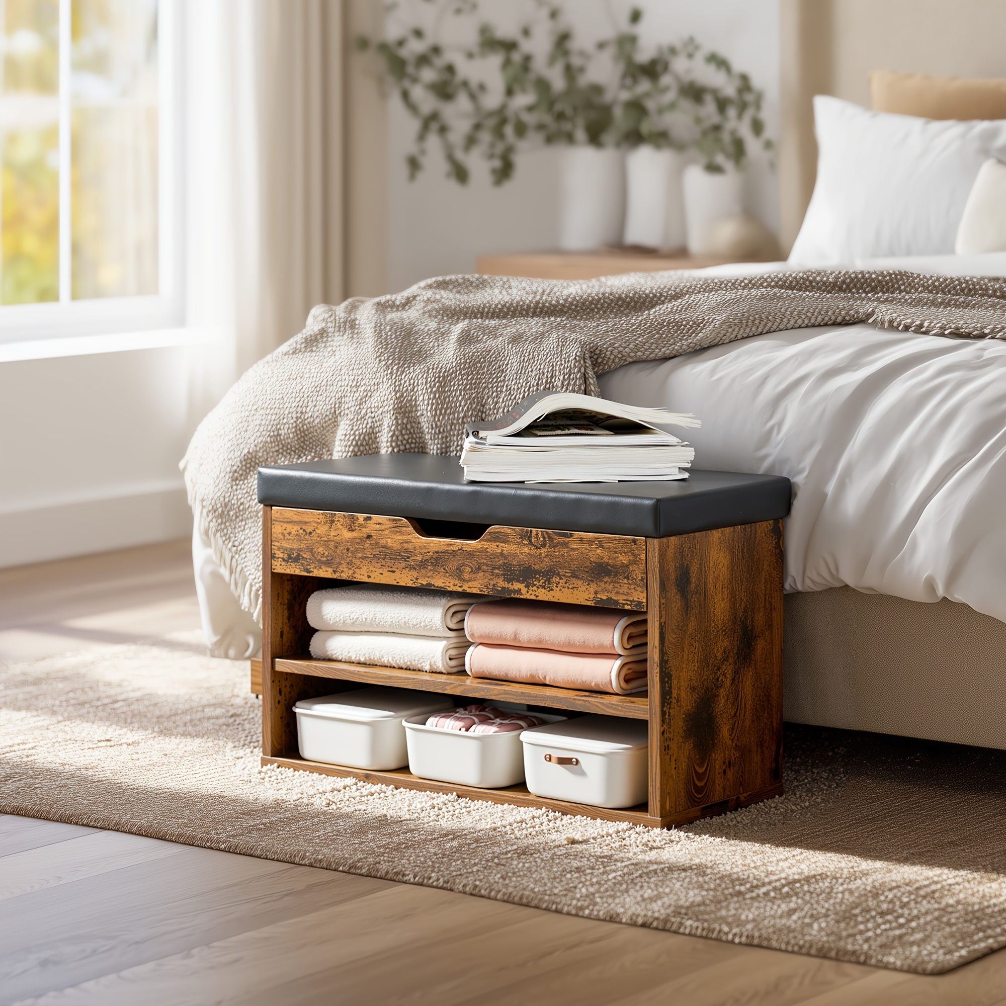 E-shop 3-stöckiges Schuhregal | Gepolstertes Kissen, modernes Holzdesign, Braun, geeignet für Flur, Schlafzimmer, Wohnzimmer