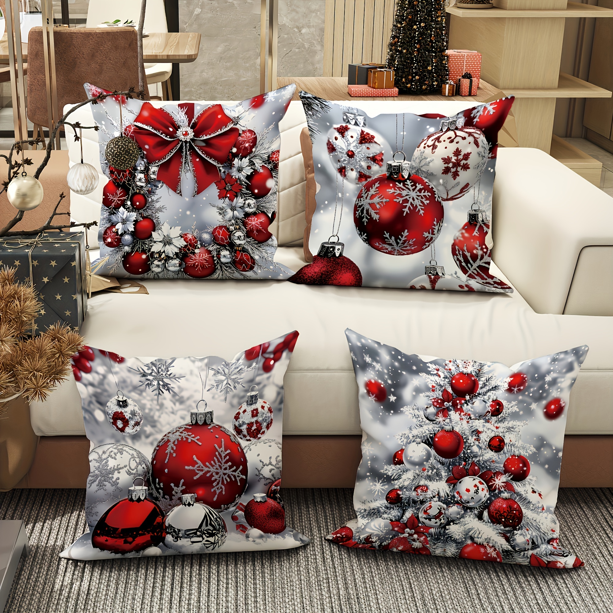 

Jit; A Set Of 4 Christmas Pillowcases, , , And Silvery -shaped Wreath Pattern, Polyester Decorative Pillowcase 18x18 , For Sofa And Decoration - Not