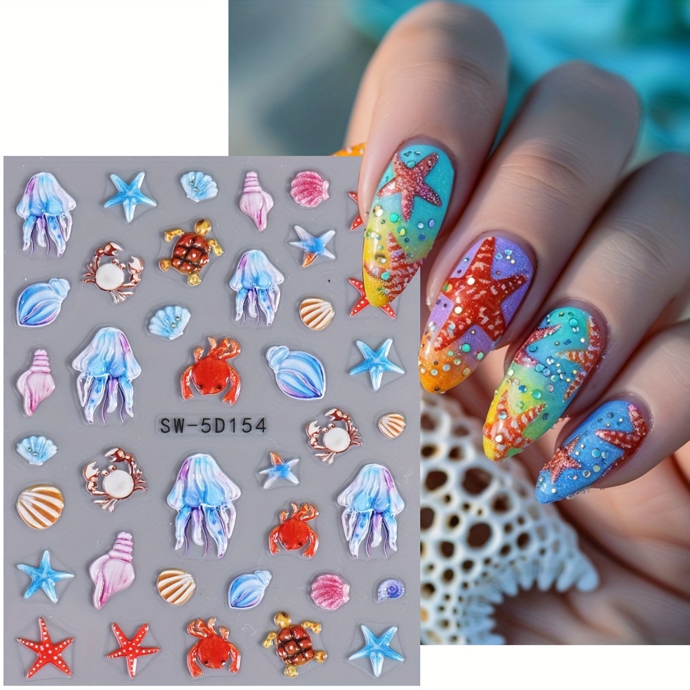 

Summer 5d Embossed Nail Art Stickers - Self-adhesive, Sparkle With Cartoon Starfish, Jellyfish & Shell Designs For Hands, Feet & Nails