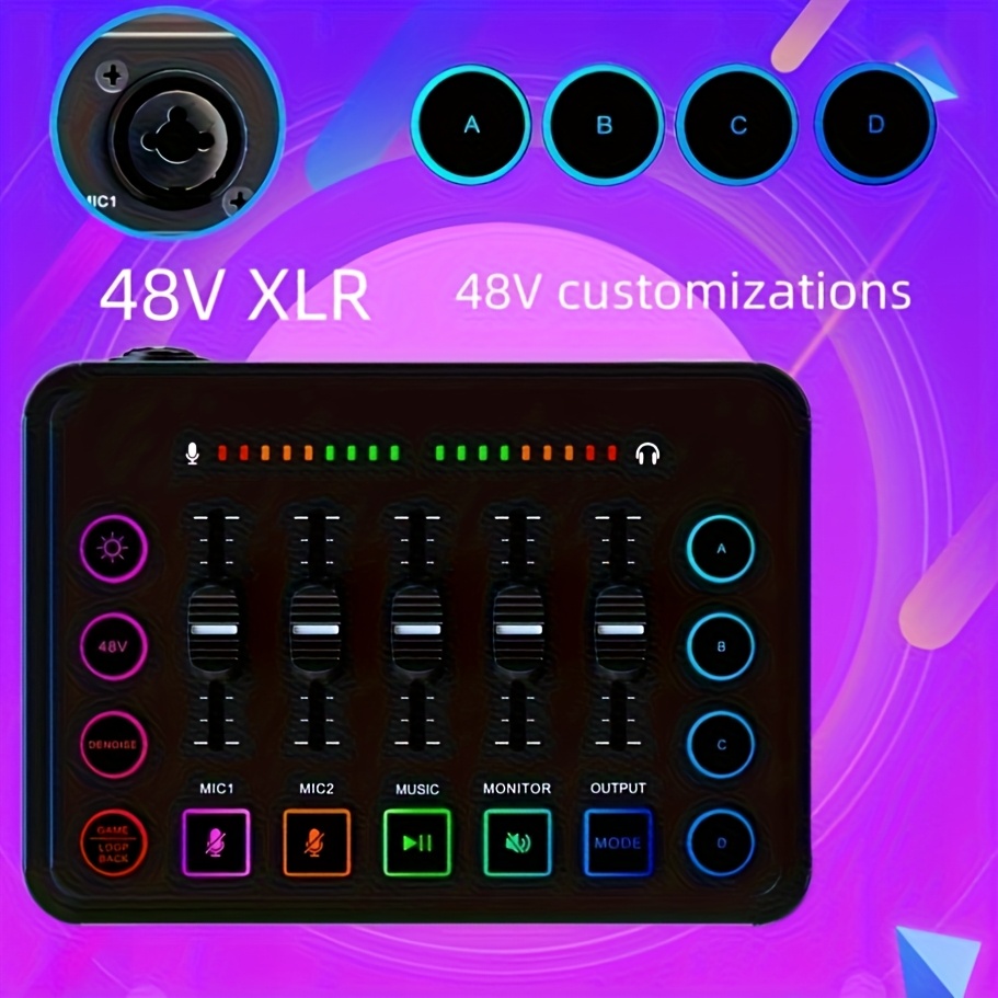 ميكسر لعبة، ميكسر بث مع واجهة ميكروفون XLR، ميكسر RGB للكمبيوتر مع تحكم في مستوى الصوت، 48 فولت للطاقة الخفية للاستخدام في البث/التسجيل/صوت الألعاب
