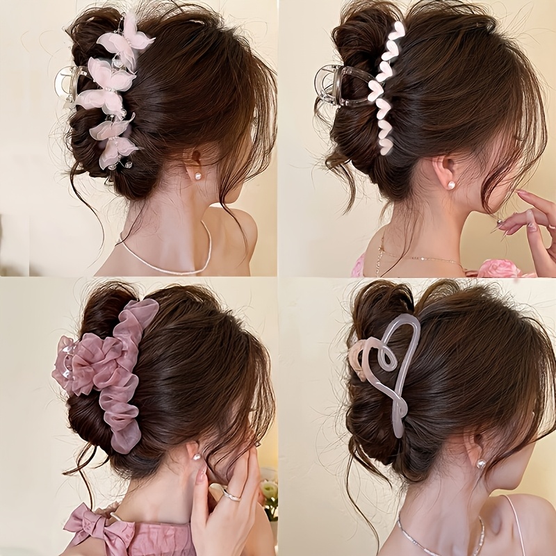 TEMU Lot de 4 pinces à cheveux d'été roses avec perles, papillon, cœur en gelée, plissée, cœur , antidérapantes pour femme, accessoires pour cheveux