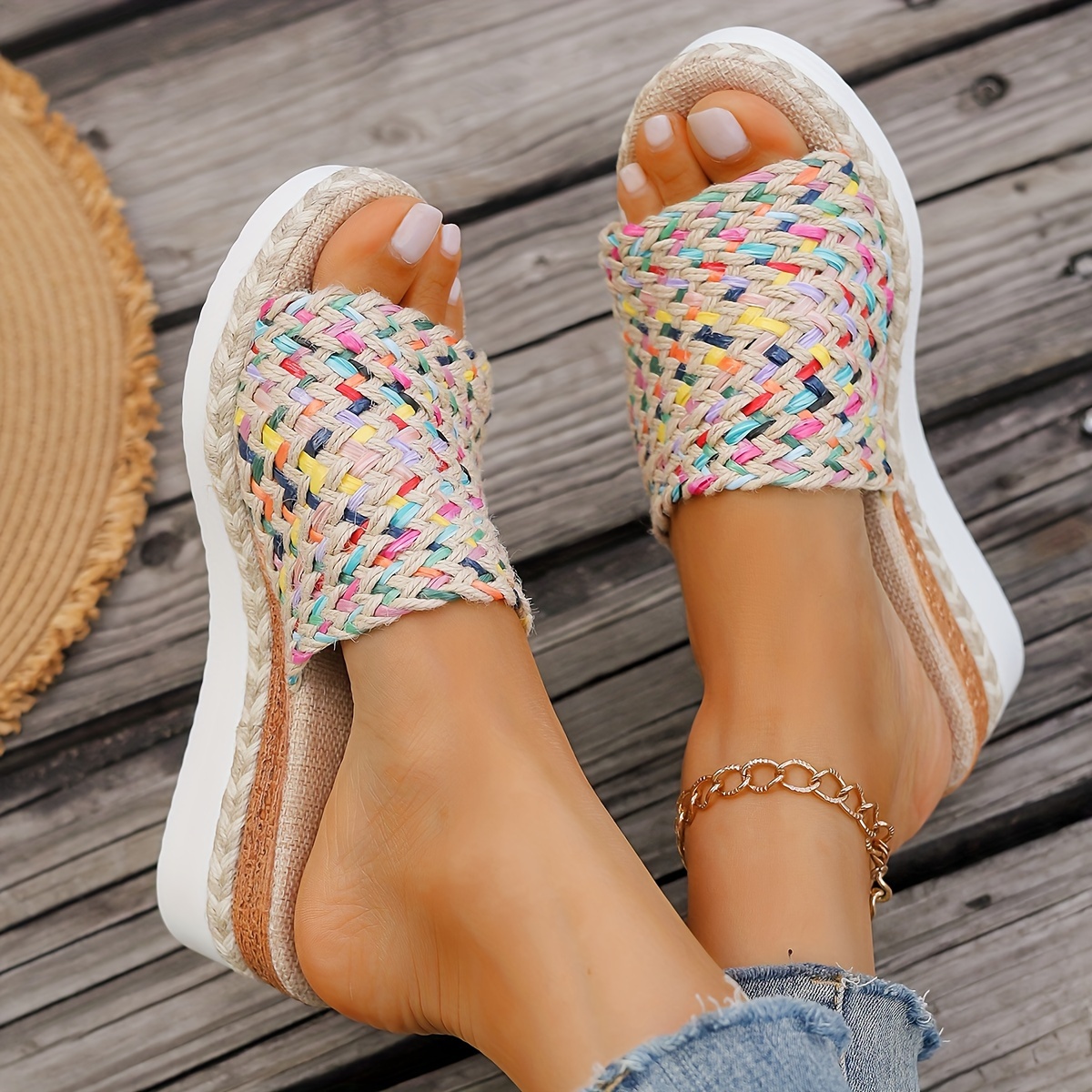 

Women's Colorful Woven Straw Sandals, Platform Slip On Summer Holiday Shoes, Comfort Wedge
