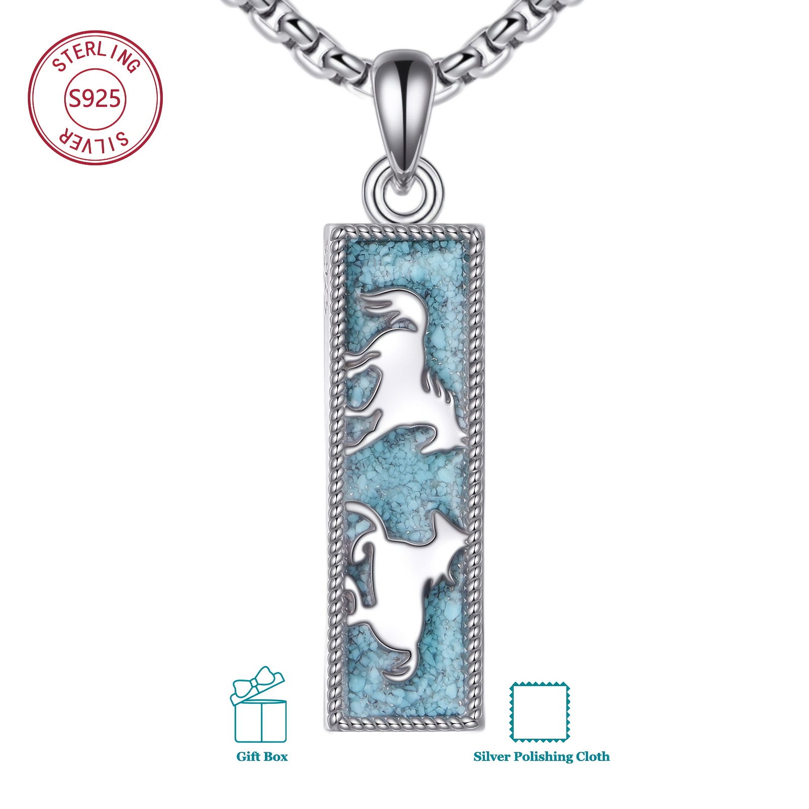 Image of 925 Sterling Silvery Horse Necklace With Synthetic Turquoise Pendant, Elegant Equestrian-themed Women's Jewelry, Perfect Gift For , Suitable For