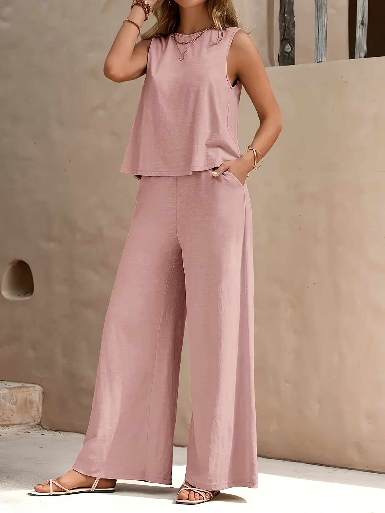 2pcs womens home clothes set comfortable casual sleeveless vest top with pockets and loose wide leg pants suitable for home outdoor vacation beach   peach 0