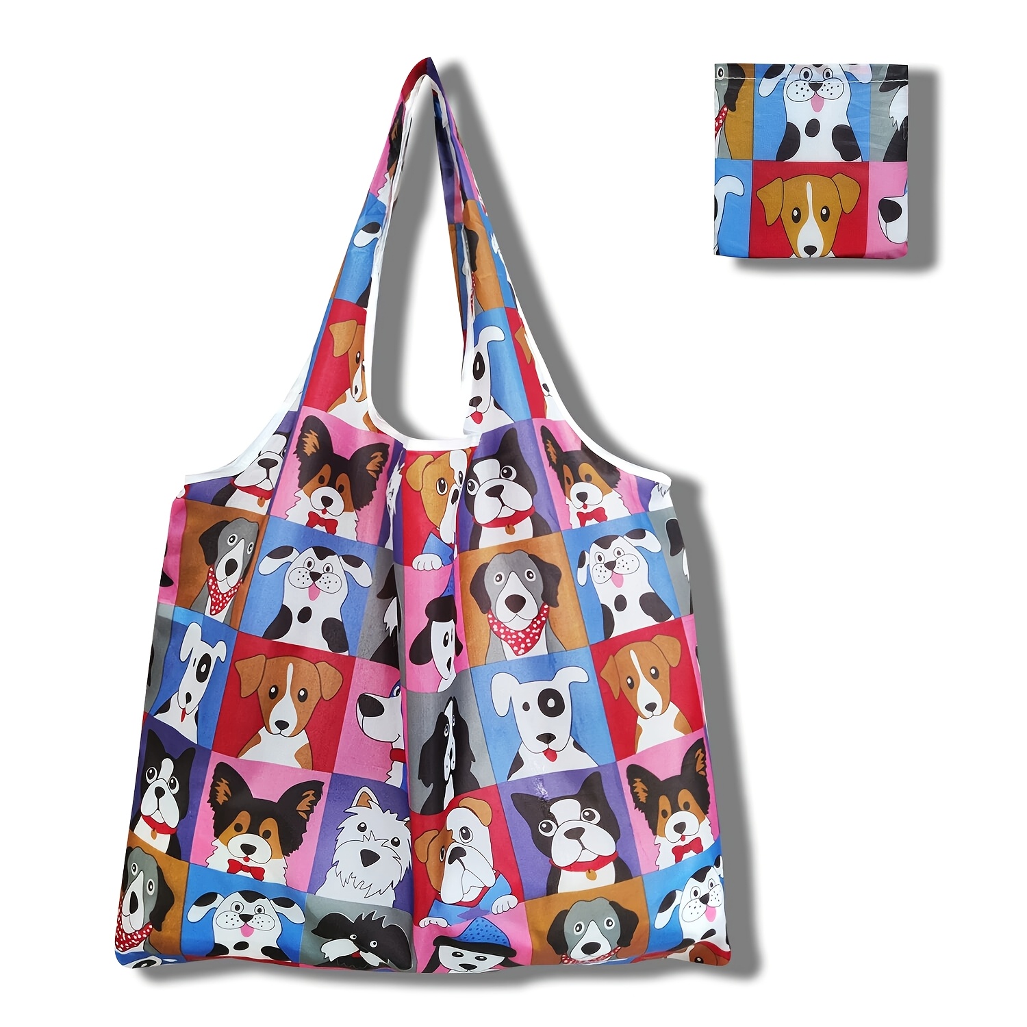 TEMU 1pc Vibrant Dog Print Tote Bag - Reusable, Foldable, Durable Polyester Shoulder Bag With Closure, Ideal For Shopping, Travel, And Kitchen