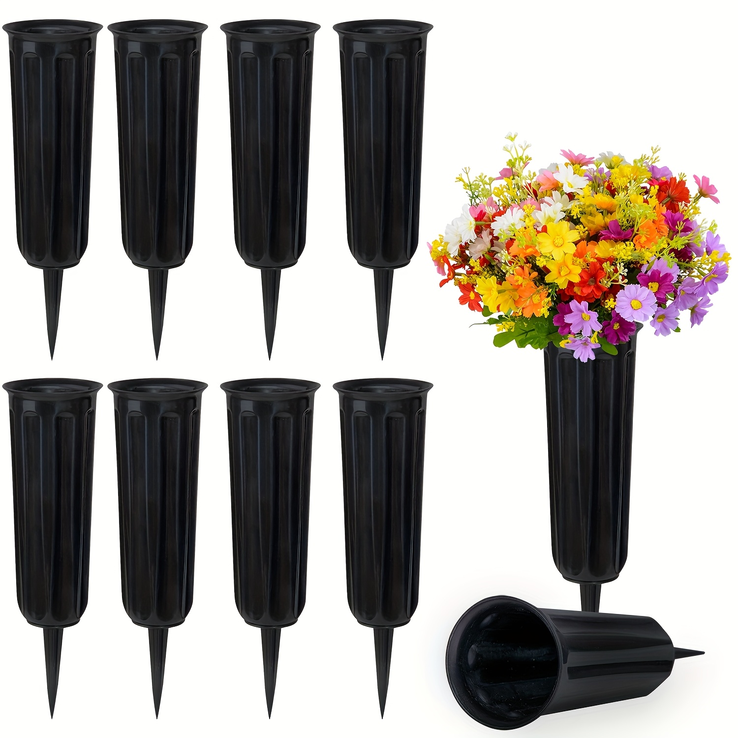 

10- Black Plastic Flower Vases With Spikes, Floor Mount, Outdoor Memorial Grave Decoration, No Electricity Needed, Ideal For Day & Cemetery Tributes