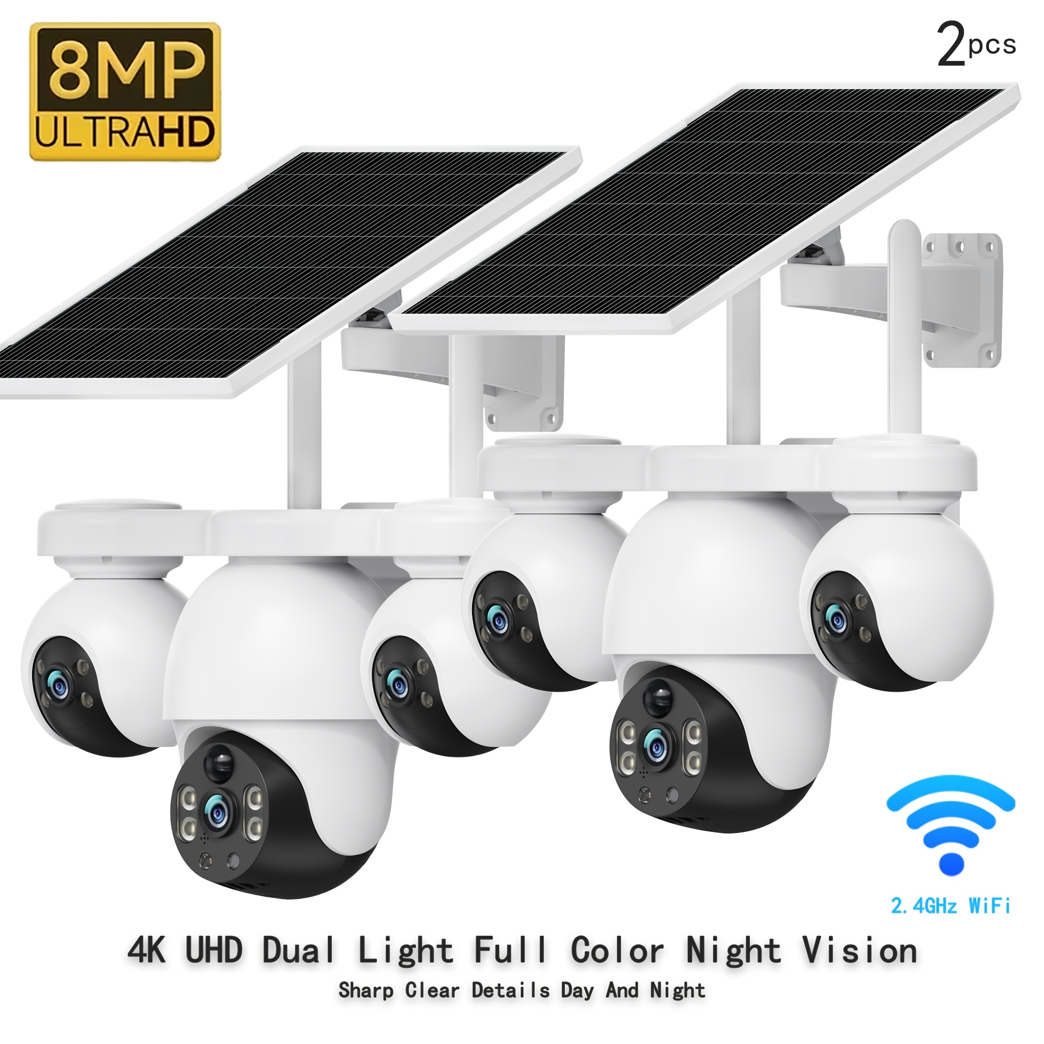 Image of 2pcs 4g/wi-fi 8mp Ultra Hd Solar-powered Security Camera, Supports 360° Rotation And 90° Tilt, Motion Tracking, Human Detection, Supply Of Battery And Solar Power, Eliminating The Of Wiring.